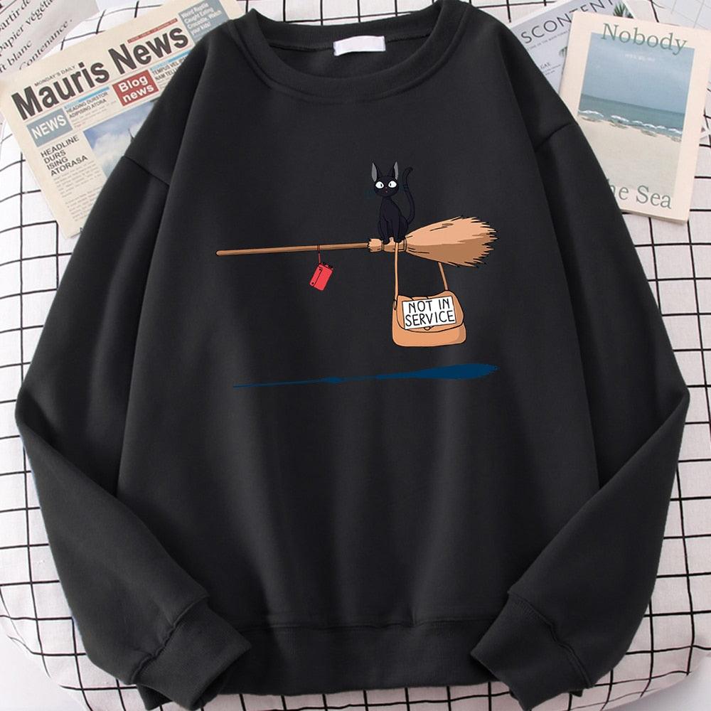 Cute Cat Not In Service Print Hoodies Women Casual Crewneck Sportswear Fleece Warm Fleece Sweatshirt Loose Hoody Autumn Clothes - plusminusco.com
