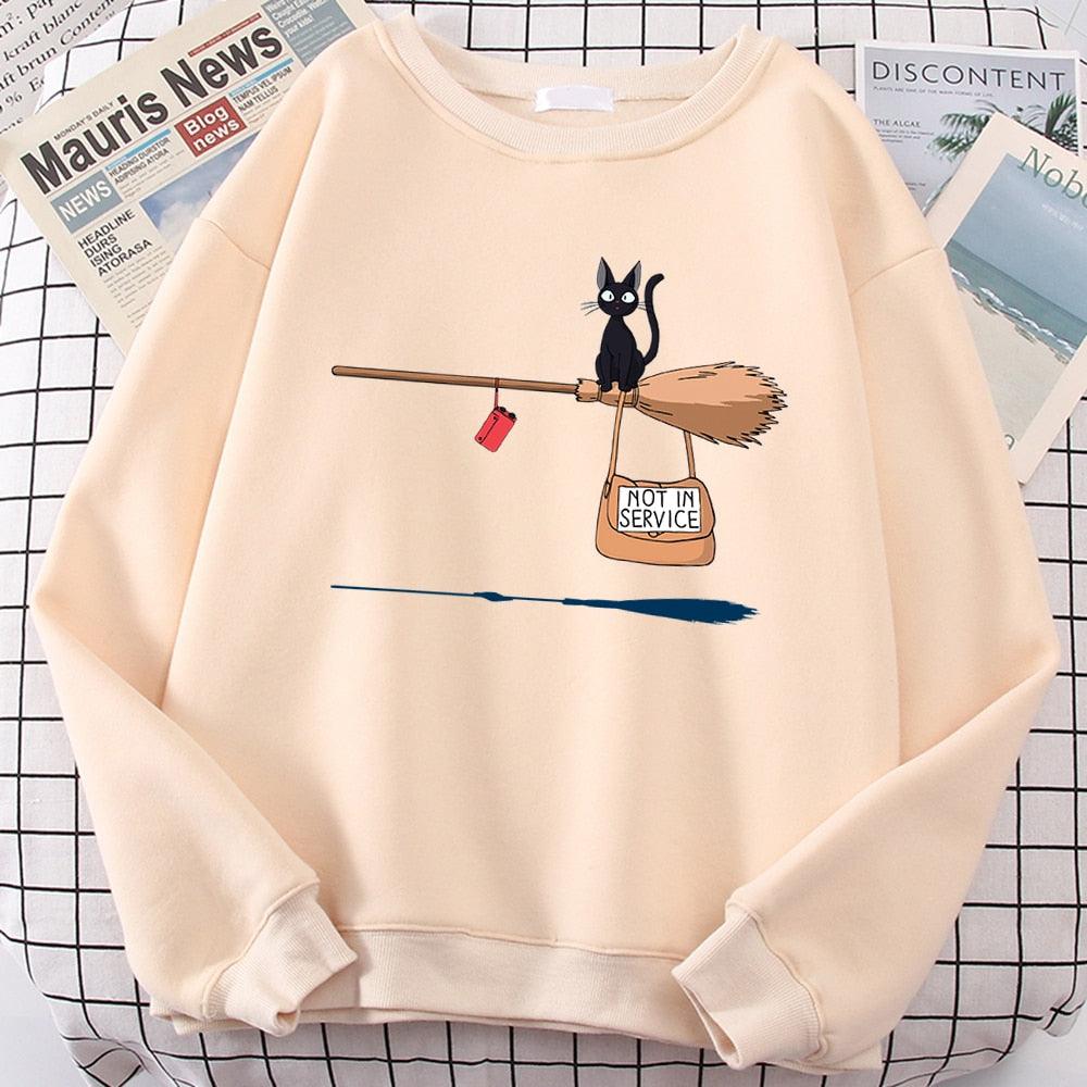 Cute Cat Not In Service Print Hoodies Women Casual Crewneck Sportswear Fleece Warm Fleece Sweatshirt Loose Hoody Autumn Clothes - plusminusco.com