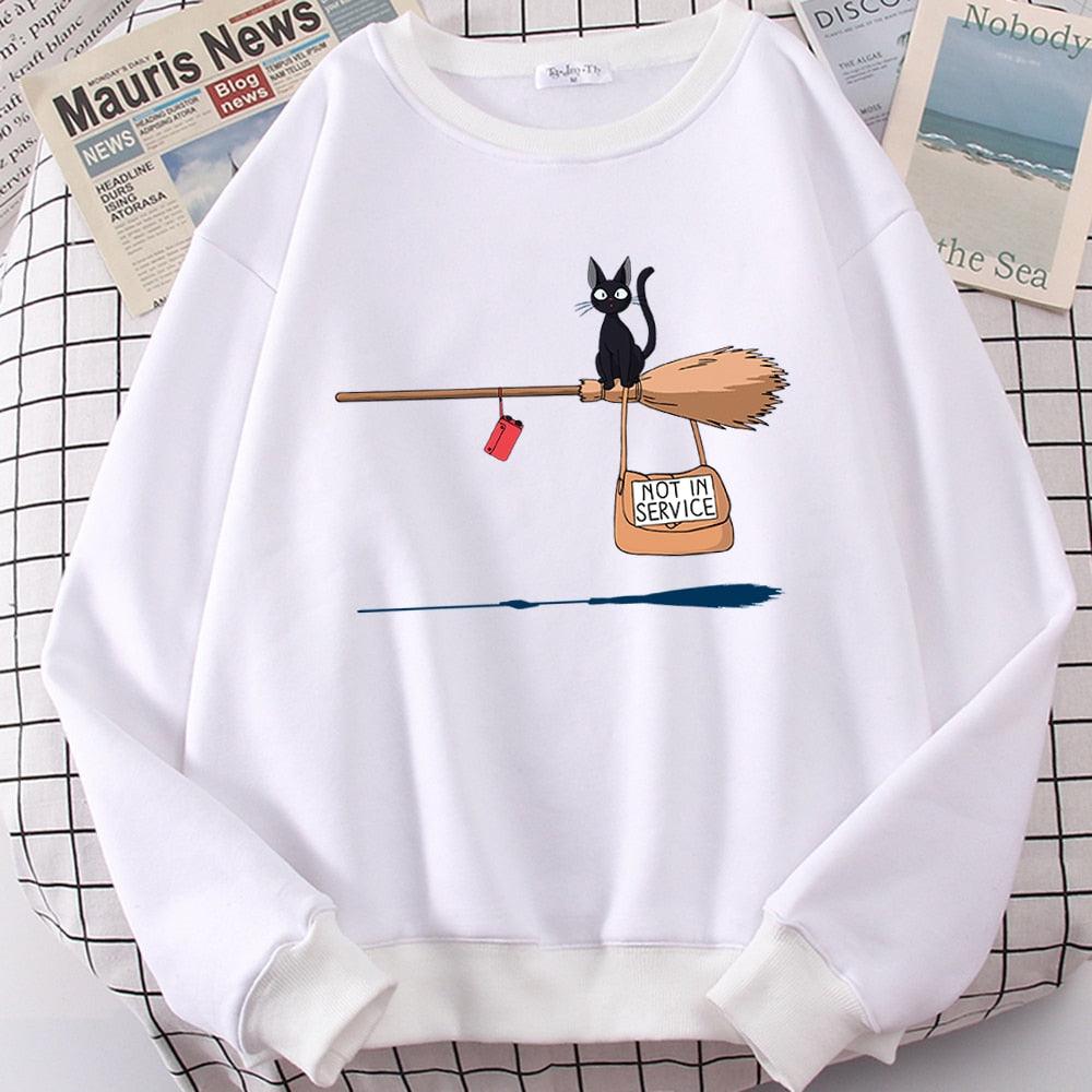 Cute Cat Not In Service Print Hoodies Women Casual Crewneck Sportswear Fleece Warm Fleece Sweatshirt Loose Hoody Autumn Clothes - plusminusco.com