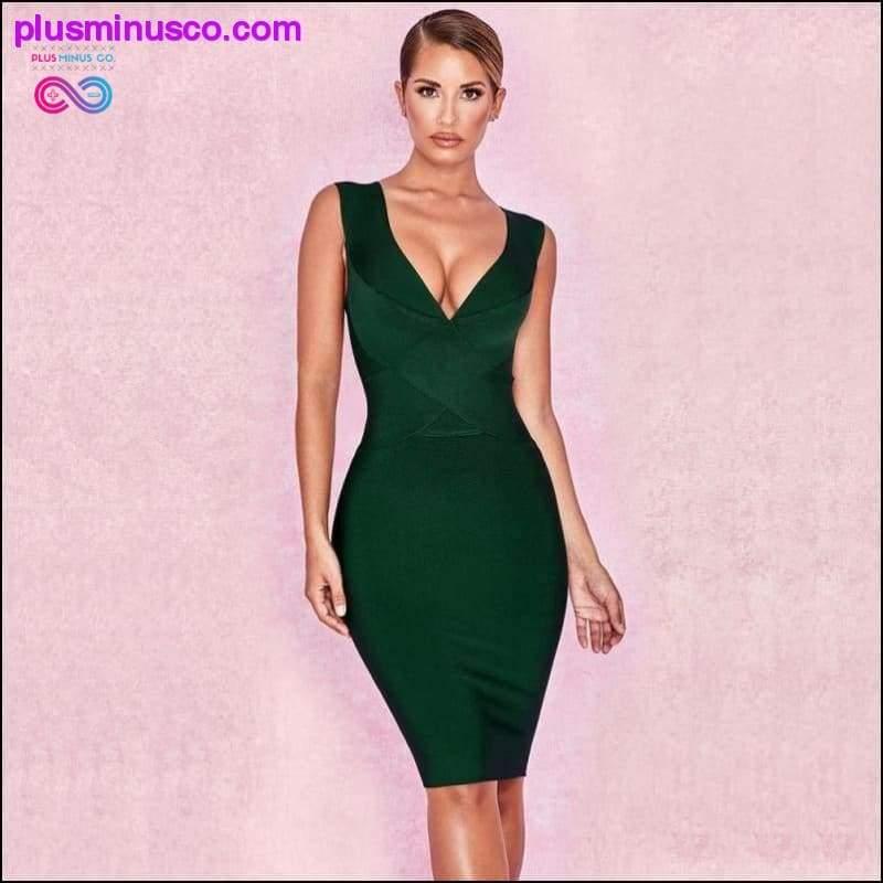 Dark Green Deep V Neck Elastic Knitted Runway Knee Length - plusminusco.com