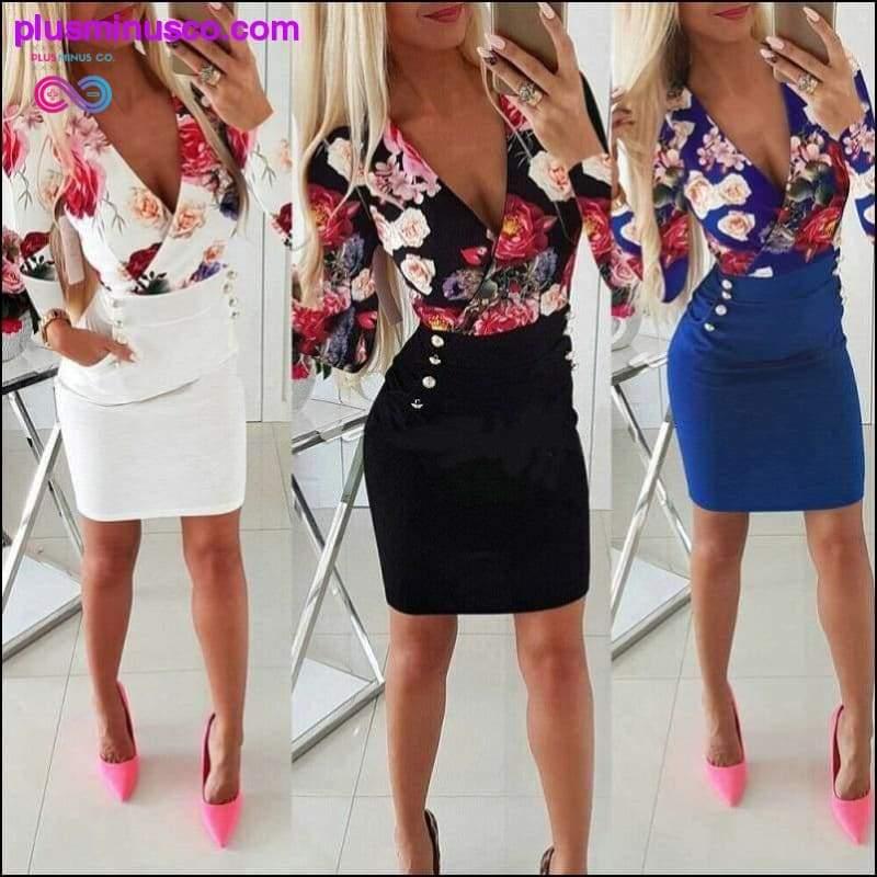 Deep V Neck Sexy Dresses Autumn Floral Print Button Bodycon - plusminusco.com