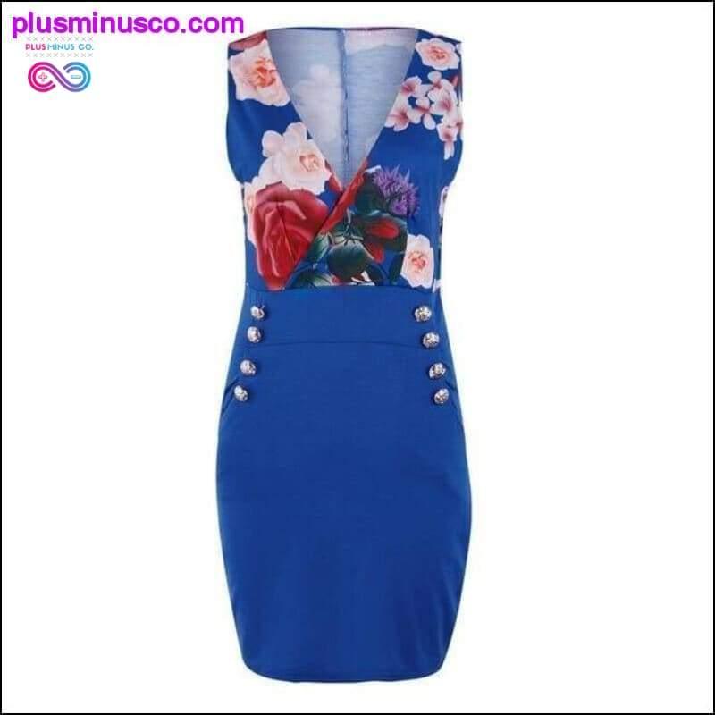 Sexy Kleider mit tiefem V-Ausschnitt, Herbst-Blumendruck, figurbetont, mit Knöpfen – plusminusco.com