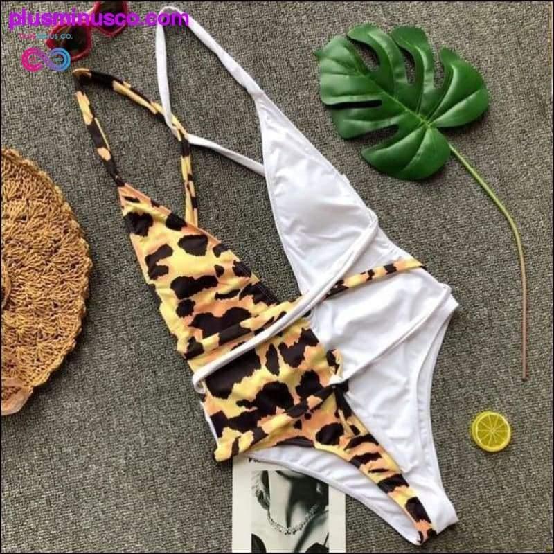 Dziļi V veida kakla izgriezuma seksīgi leoparda peldkostīmi sievietēm trīskrāsu bikini — plusminusco.com