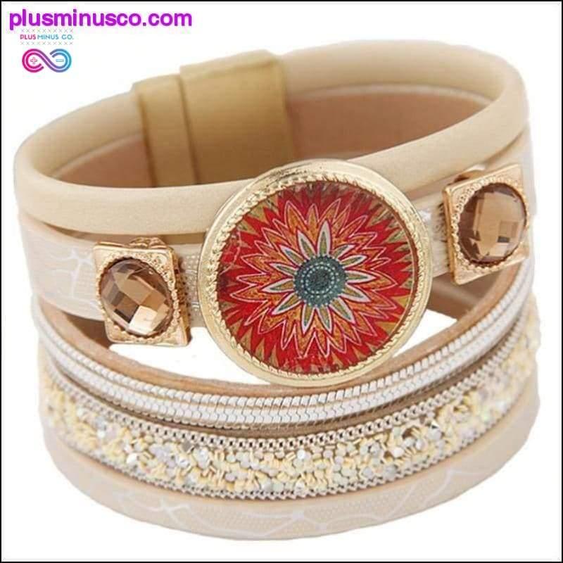 Designer Enamel Flower Gem Magnetic Leather Bangle Bracelets - plusminusco.com