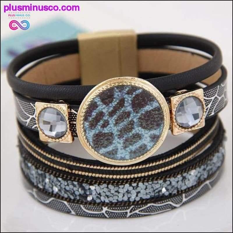 Designer Enamel Flower Gem Magnetic Leather Bangle Bracelets - plusminusco.com