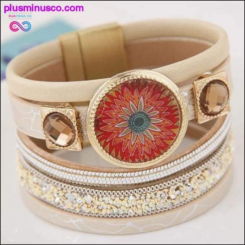 Designer Enamel Flower Gem Magnetic Leather Bangle Bracelets - plusminusco.com