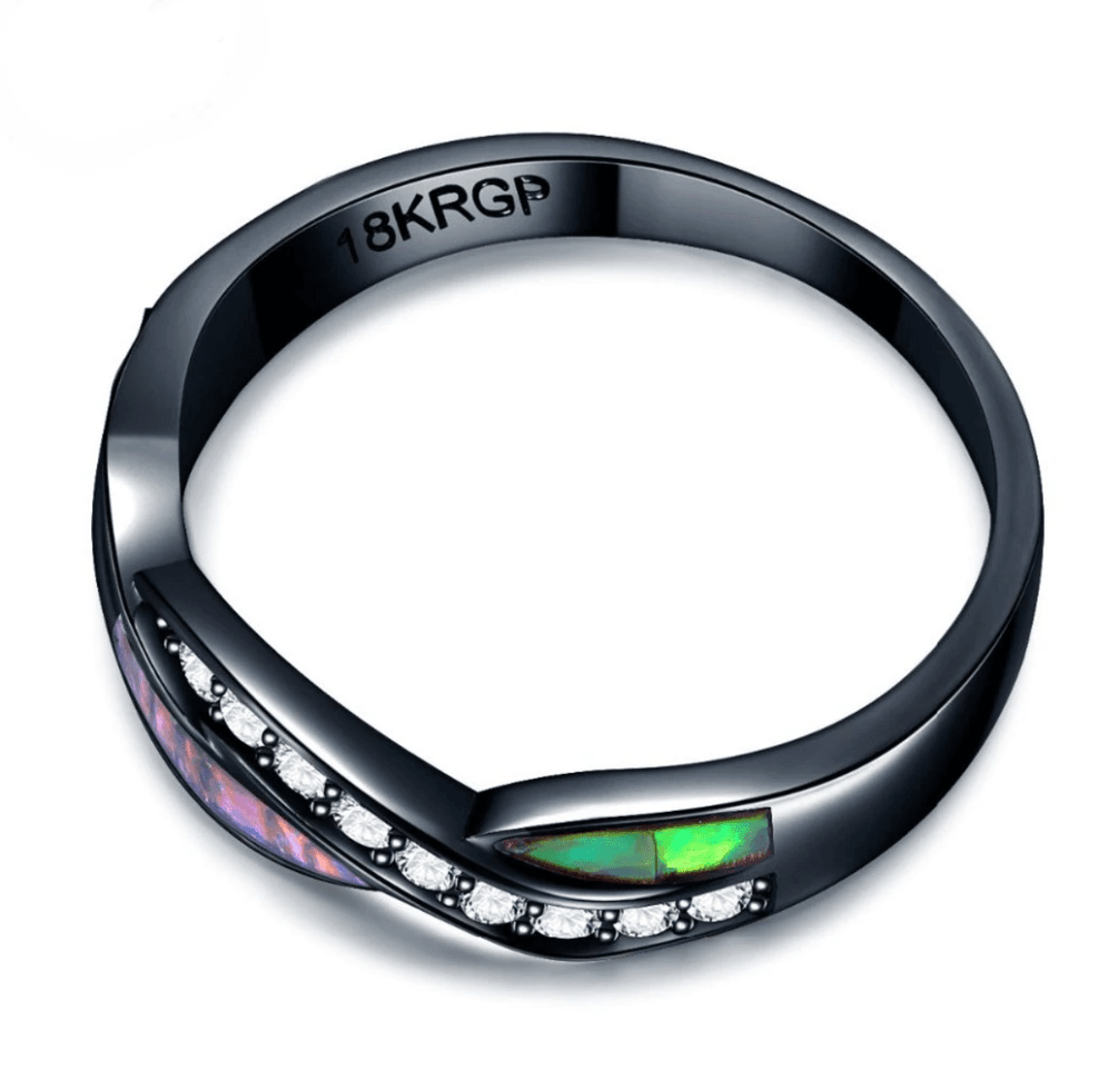 Anello con opale di fuoco colorato con diamanti, anelli classici in acciaio inossidabile con zirconi colorati in oro nero, anello unisex - plusminusco.com