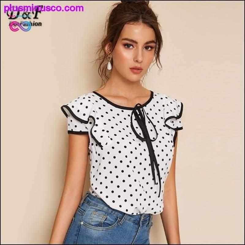 Dotfashion White Polka Dot Knot Piping Trim Blouse Women - plusminusco.com