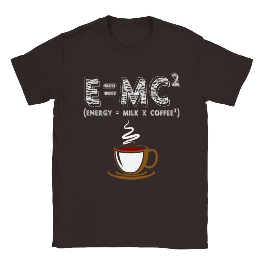 ई = एमसी2 | ऊर्जा = दूध x कॉफ़ी2 टी-शर्ट - प्लसमिनस्को.कॉम