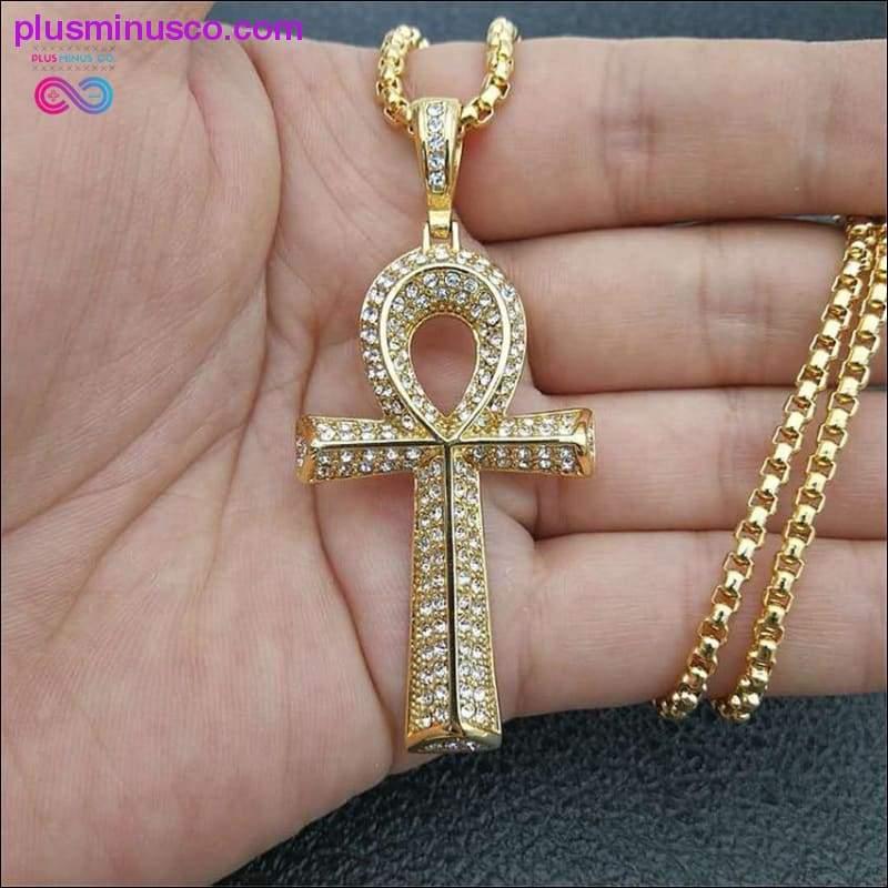 Egyptian Ankh Cross Pendant With Stainless Steel Chain And Iced Out Bling Full Rhinestones Necklace - plusminusco.com