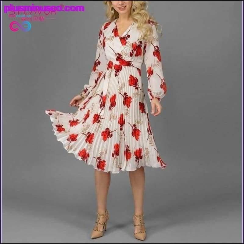 Elegant V-hals langærmet kjole || PlusMinusco.com - plusminusco.com