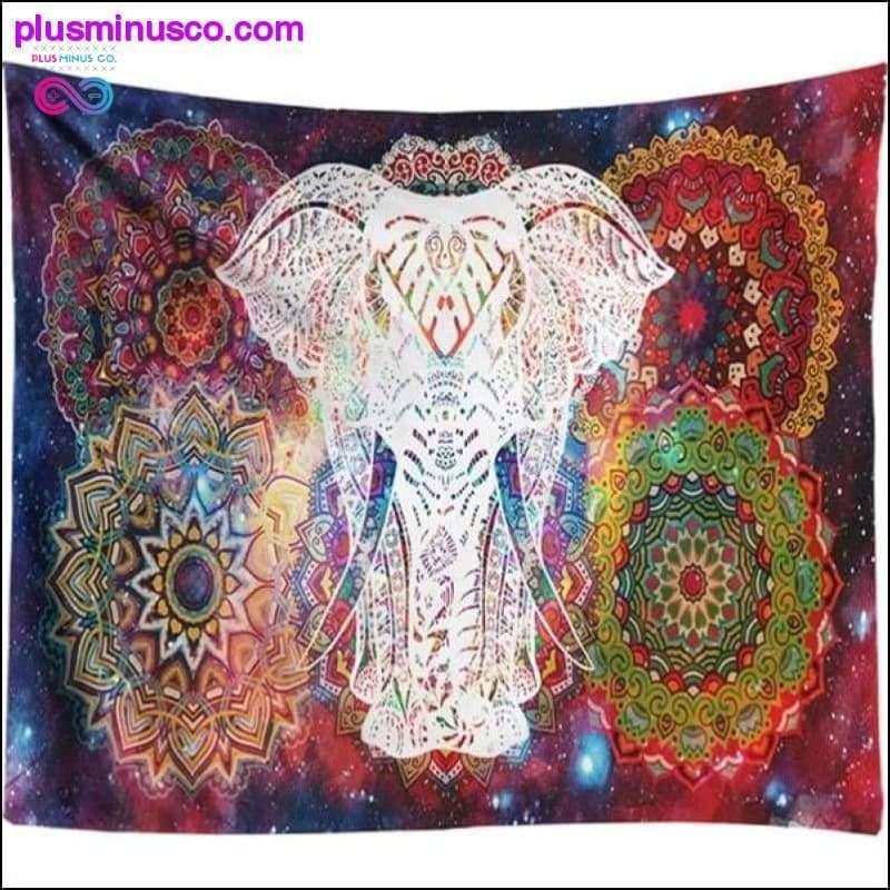 Arazzo con elefante, galassia psichedelica, mandala indiano stellato - plusminusco.com