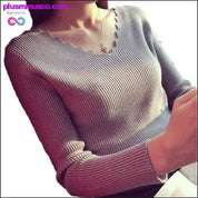 Моден есенен дамски плетен пуловер с V-образно деколте и дълъг ръкав - plusminusco.com