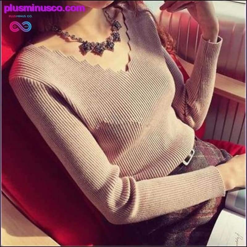 Maglione lavorato a maglia a maniche lunghe con scollo a V da donna alla moda autunno - plusminusco.com