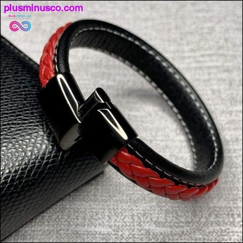 Fashion Black Red Leather Bracelets Men Wrist Band Stainless - plusminusco.com