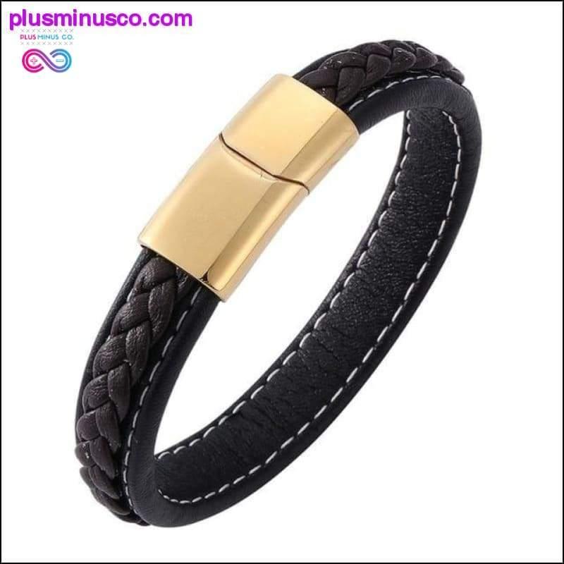 Fashion Black Red Leather Bracelets Men Wrist Band Stainless - plusminusco.com