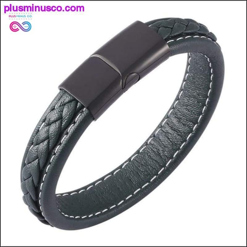 Fashion Black Red Leather Bracelets Men Wrist Band Stainless - plusminusco.com