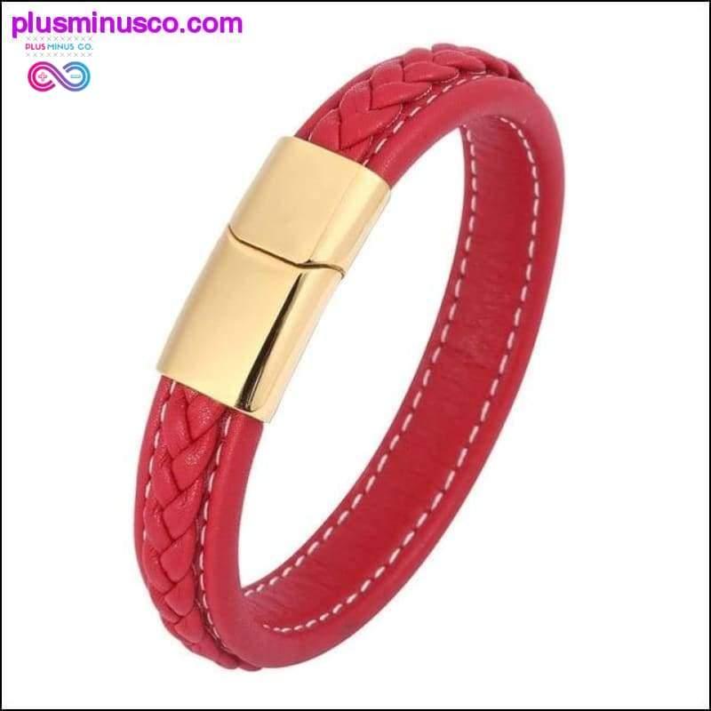 Fashion Black Red Leather Bracelets Men Wrist Band Stainless - plusminusco.com