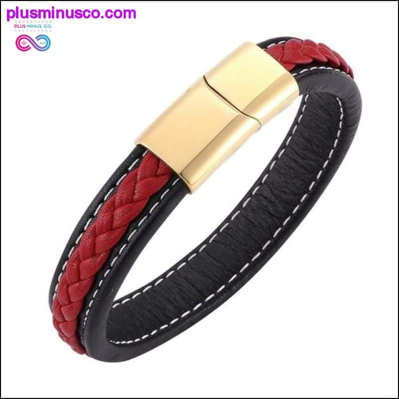 Fashion Black Red Leather Bracelets Men Wrist Band Stainless - plusminusco.com