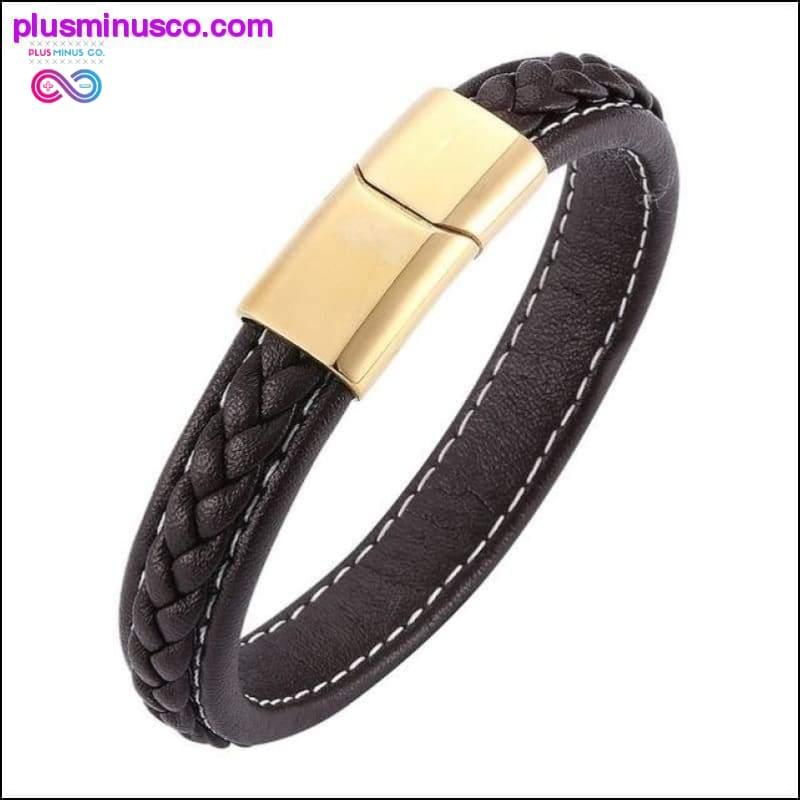 Fashion Black Red Leather Bracelets Men Wrist Band Stainless - plusminusco.com