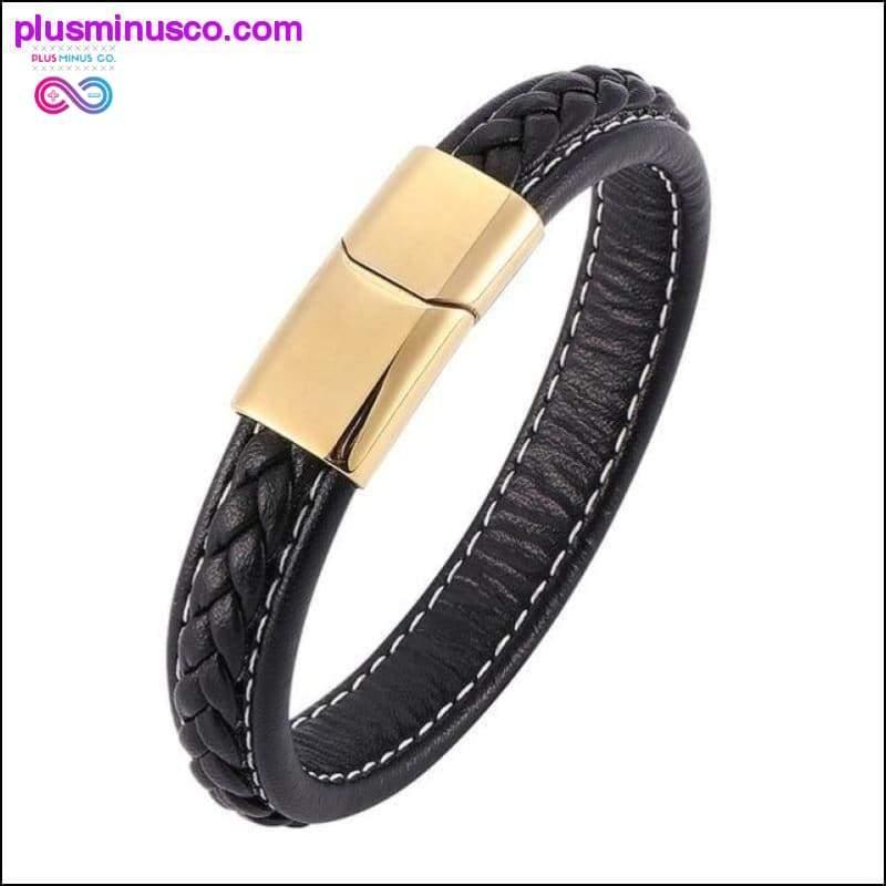 Fashion Black Red Leather Bracelets Men Wrist Band Stainless - plusminusco.com