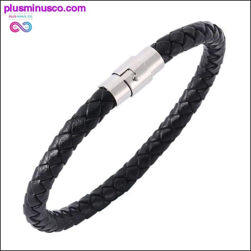 Fashion Black Red Leather Bracelets Men Wrist Band Stainless - plusminusco.com