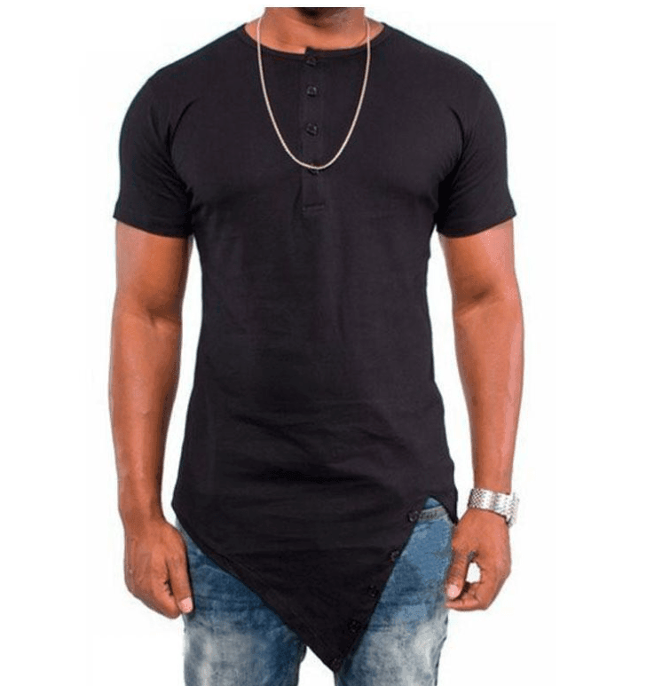 Fashion street wear men's hi-street t-shirt Button neck tshirt Longline sharp Asymmetrical hem men funny t shirt - plusminusco.com