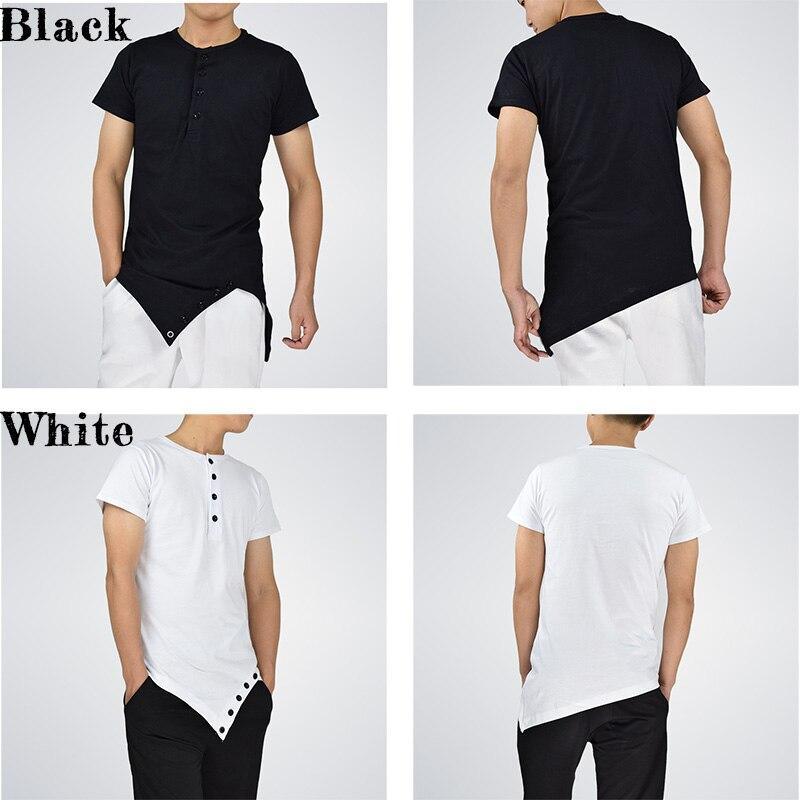 Fashion street wear men's hi-street t-shirt Button neck tshirt Longline sharp Asymmetrical hem men funny t shirt - plusminusco.com
