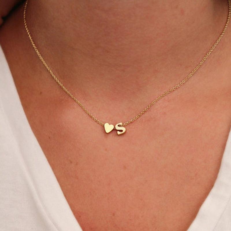 Fashion Tiny Heart Dainty Initial Necklace Gold Silver Color Letter Name Choker Necklace For Women Pendant Jewelry Gift - plusminusco.com