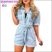 أزياء المرأة الدنيم Playsuits مثير طية صدر السترة قصيرة الأكمام جيب - plusminusco.com