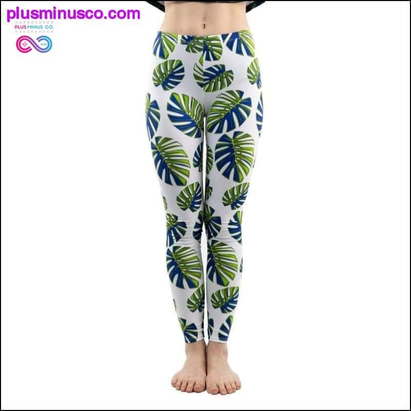 Fashion Women Trend Green Leaves Pattern White Leggings - plusminusco.com