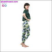 Fashion Women Trend Green Leaves Pattern White Leggings - plusminusco.com