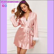 Satijnen badjas met imitatiebontafwerking Sexy damesbadjas roze met riem - plusminusco.com