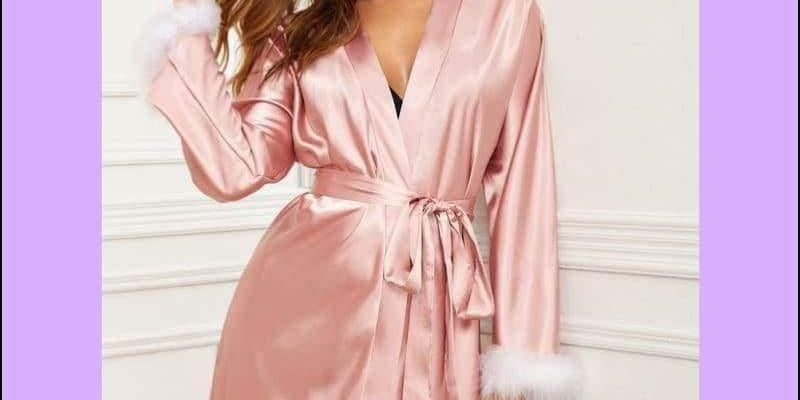 Faux Fur Trim Satin Robe Sexy Ladies Bathrobe Pink Belted - plusminusco.com