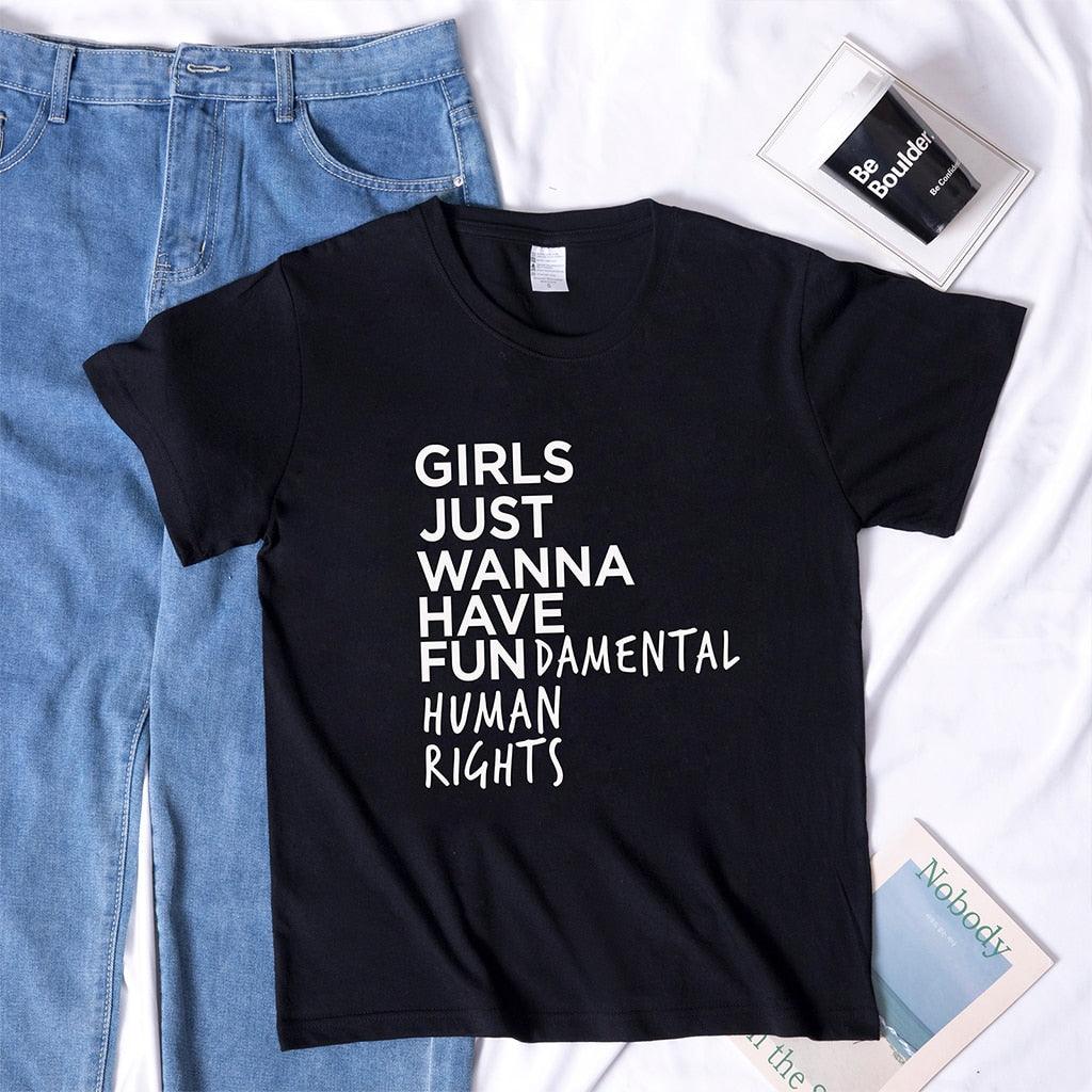 Feminist Feminism T Shirt Girls Just Wanna Have Fundamental Human Rights Letter Print T Shirt Women Short Sleeve Summer Tops Tee - plusminusco.com