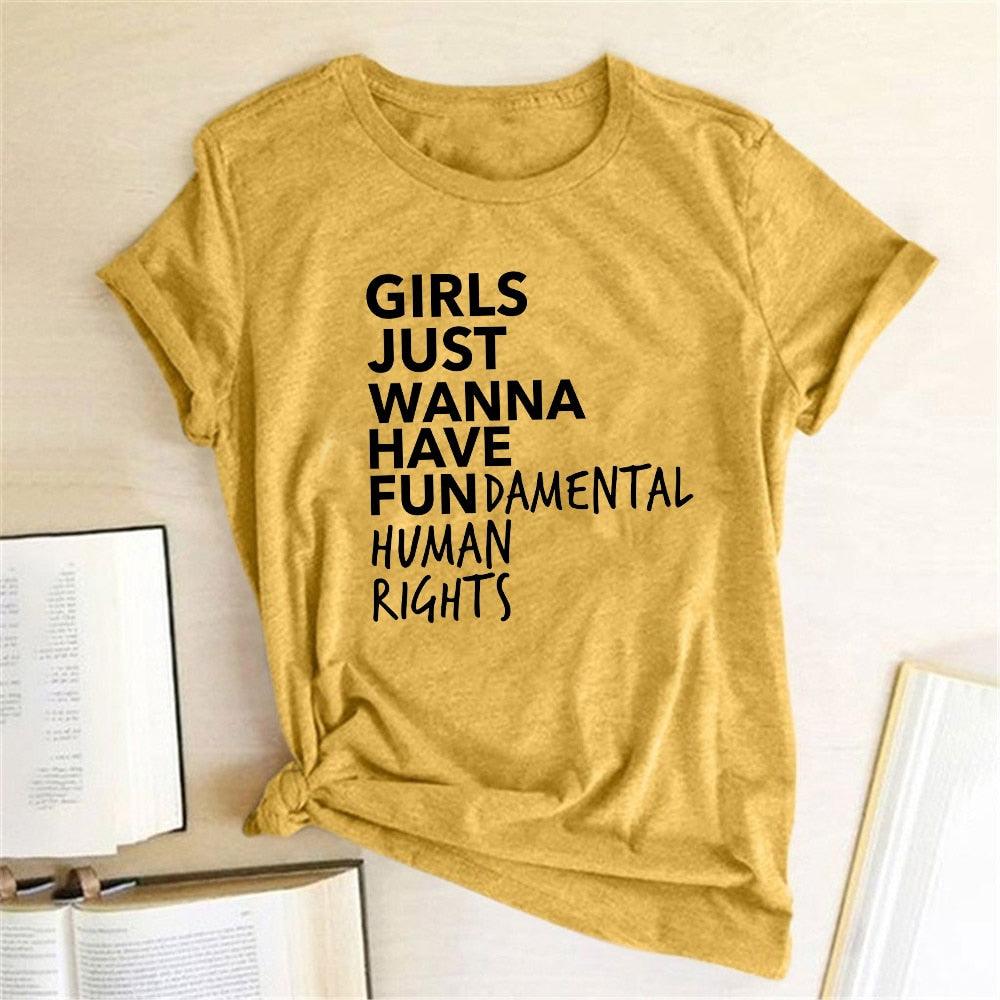 Feminist Feminism T Shirt Girls Just Wanna Have Fundamental Human Rights Letter Print T Shirt Women Short Sleeve Summer Tops Tee - plusminusco.com