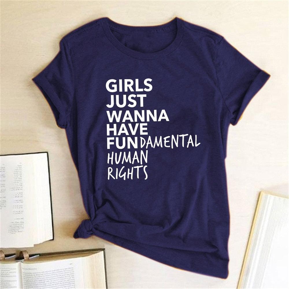 Feminist Feminism T Shirt Girls Just Wanna Have Fundamental Human Rights Letter Print T Shirt Women Short Sleeve Summer Tops Tee - plusminusco.com