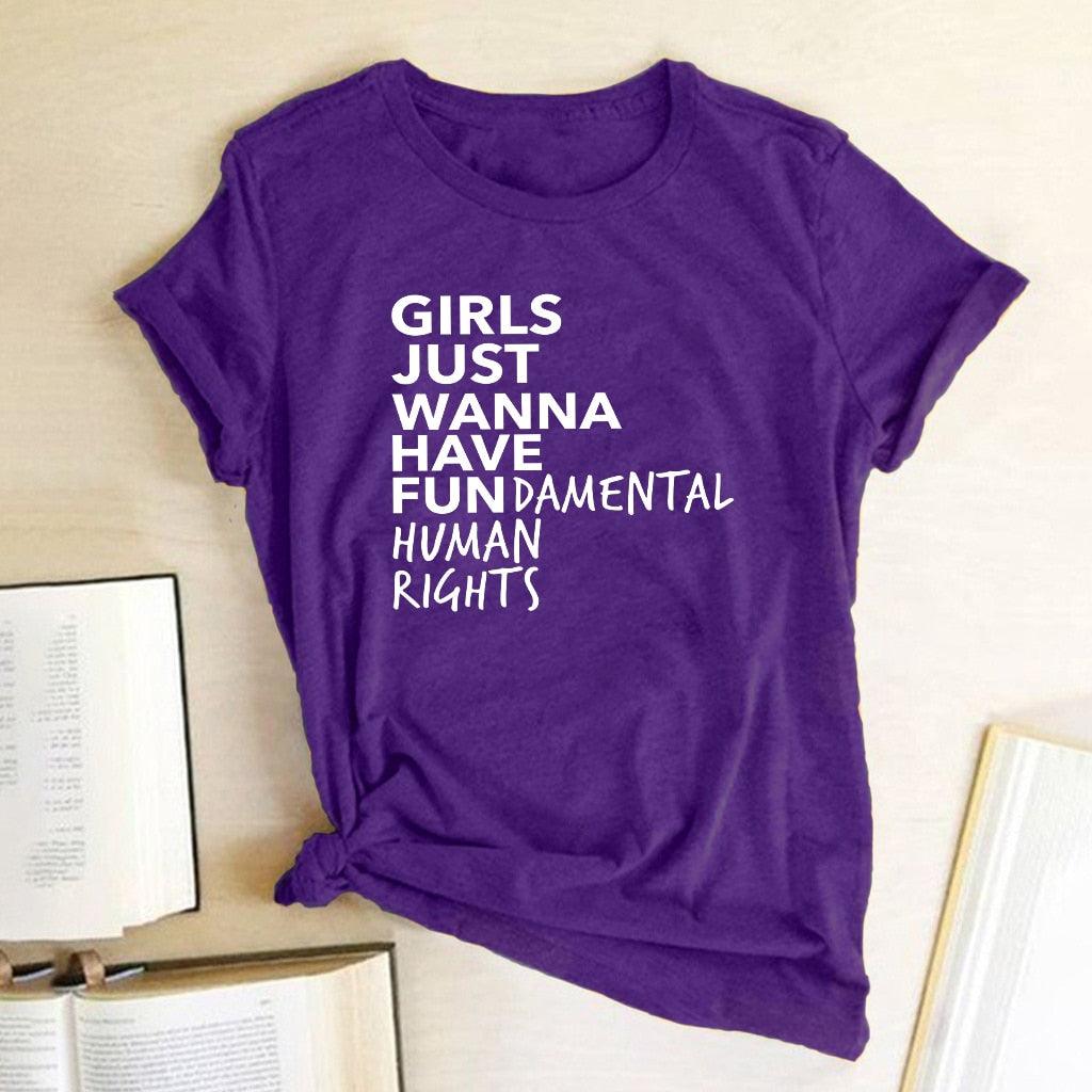 Feminist Feminism T Shirt Girls Just Wanna Have Fundamental Human Rights Letter Print T Shirt Women Short Sleeve Summer Tops Tee - plusminusco.com