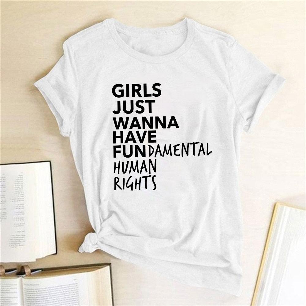 Feministlik feminism T-särk, tüdrukud, lihtsalt tahavad, et neil oleks põhiliste inimõiguste kirjatrükiga T-särk Naiste lühikeste varrukatega suvised topid - plusminusco.com