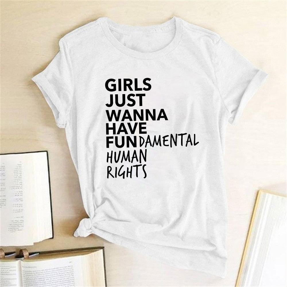 Feminist Feminism T Shirt Girls Just Wanna Have Fundamental Human Rights Letter Print T Shirt Women Short Sleeve Summer Tops Tee - plusminusco.com