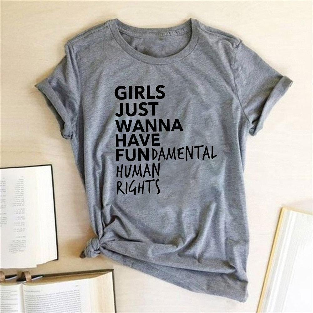 Feminist Feminism T Shirt Girls Just Wanna Have Fundamental Human Rights Letter Print T Shirt Women Short Sleeve Summer Tops Tee - plusminusco.com