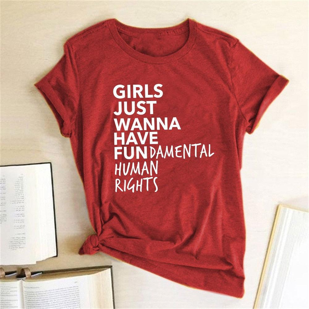 Feminist Feminism T Shirt Girls Just Wanna Have Fundamental Human Rights Letter Print T Shirt Women Short Sleeve Summer Tops Tee - plusminusco.com