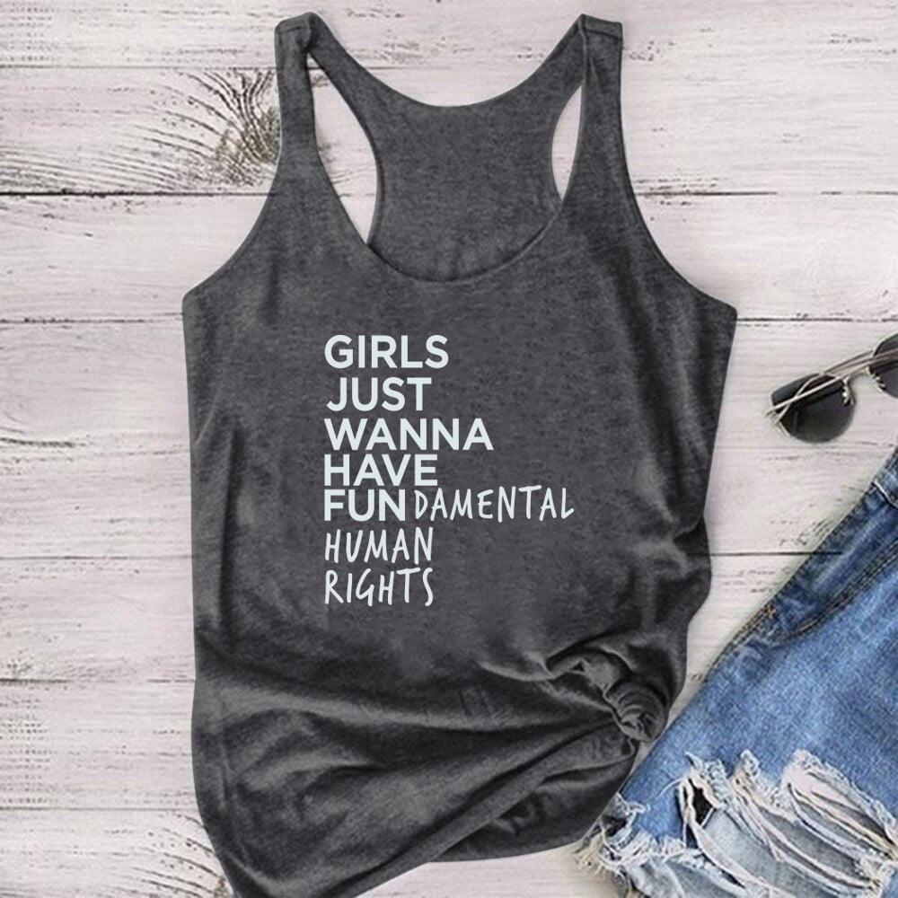 Feminist Feminism T Shirt Girls Just Wanna Have Fundamental Human Rights Letter Print T Shirt Women Short Sleeve Summer Tops Tee - plusminusco.com