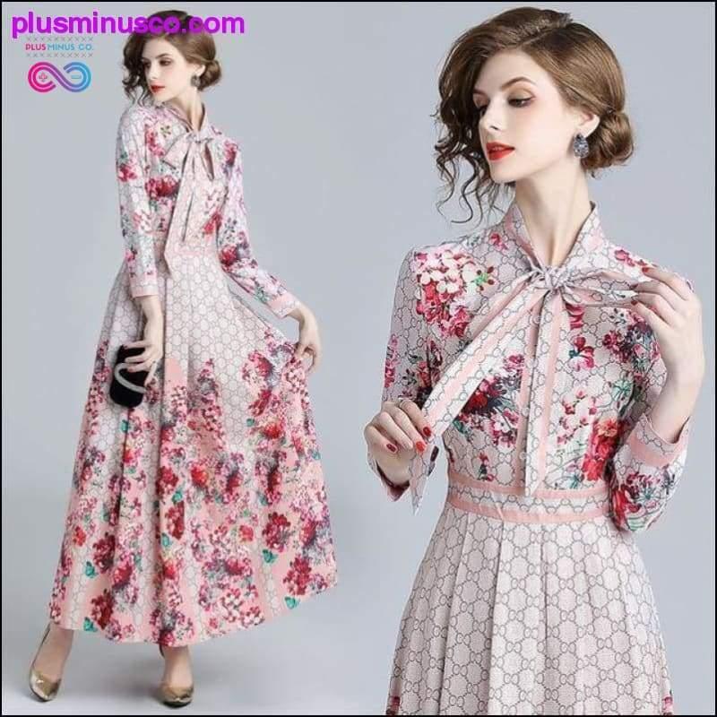 Floral Print Collar Ribbon Tie Neck Long Sleeve Party Dress - plusminusco.com