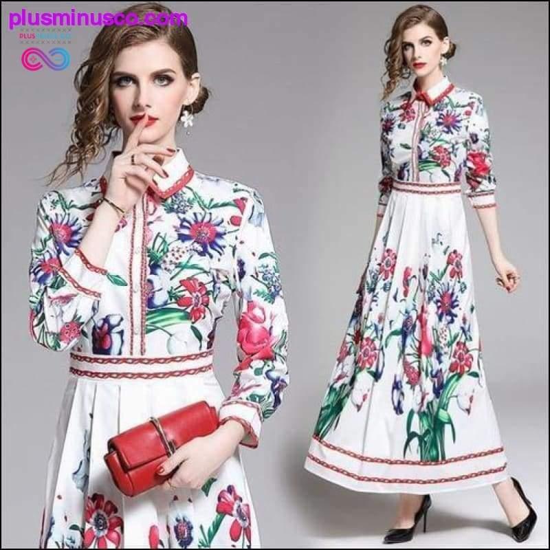 Floral Print Collar Ribbon Tie Neck Long Sleeve Party Dress - plusminusco.com