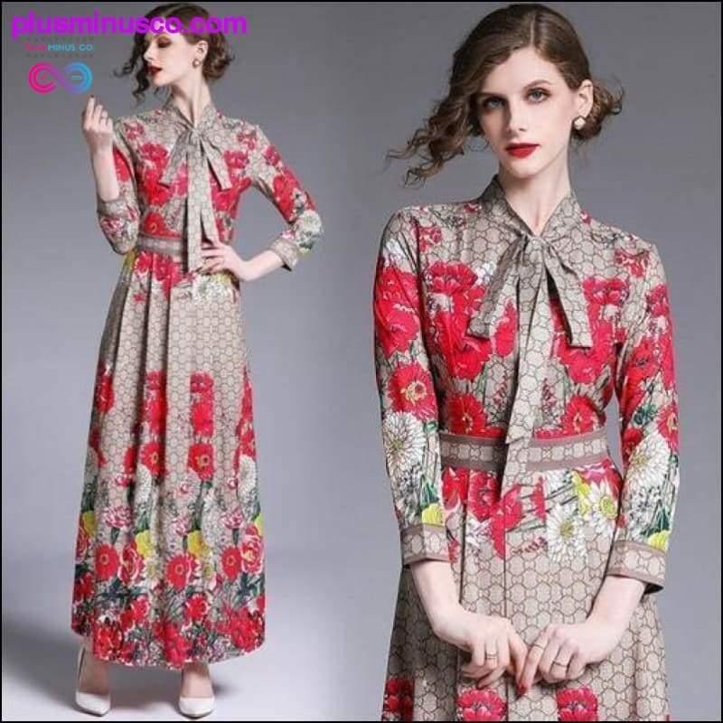 Floral Print Collar Ribbon Tie Neck Long Sleeve Party Dress - plusminusco.com