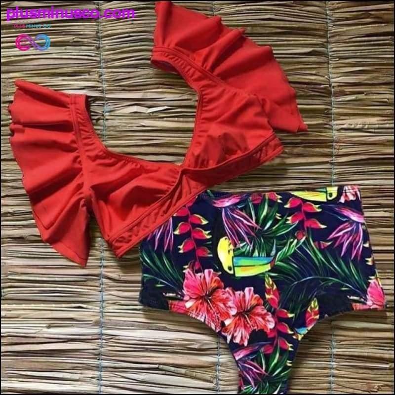 Floral Ruffled Hem Bikini Set Flora V-Neck High-Waisted Two - plusminusco.com