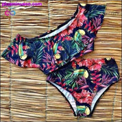 Geblümtes Bikini-Set mit Rüschensaum, Flora, V-Ausschnitt, hoher Taille, zwei - plusminusco.com