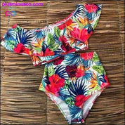 Set Bikini Hem Ruffled Bunga Flora V-Neck Pinggang Tinggi Dua - plusminusco.com