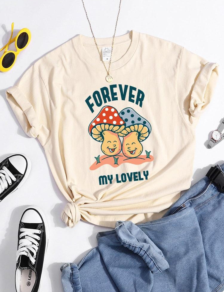 Forever My Lovely Cartoons Mushroom Female T Shirt Summer Comfortable Short Sleeve Korean Vintage Clothing Fashion Casual Tshirt - plusminusco.com